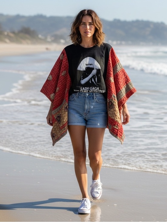 Handmade Tops - LADY GAGA Reworked Band Tee Poncho Style Pockets Oversized Granny D Original